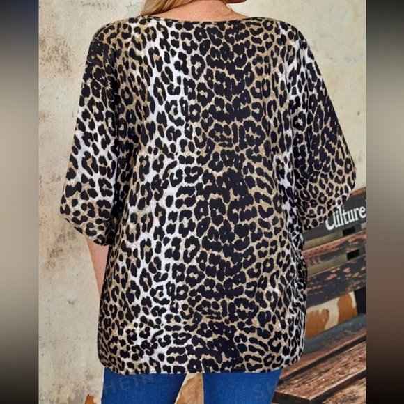 Boho Plus Size Leopard Print Batwing Sleeve V Neck Top Blouse Shirt - Picture 3 of 3